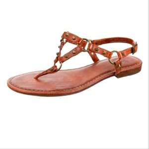 Women's Size 8 FRYE T-Strap Brown Leather Rustic Brass/Gold Stud Accent Sandals